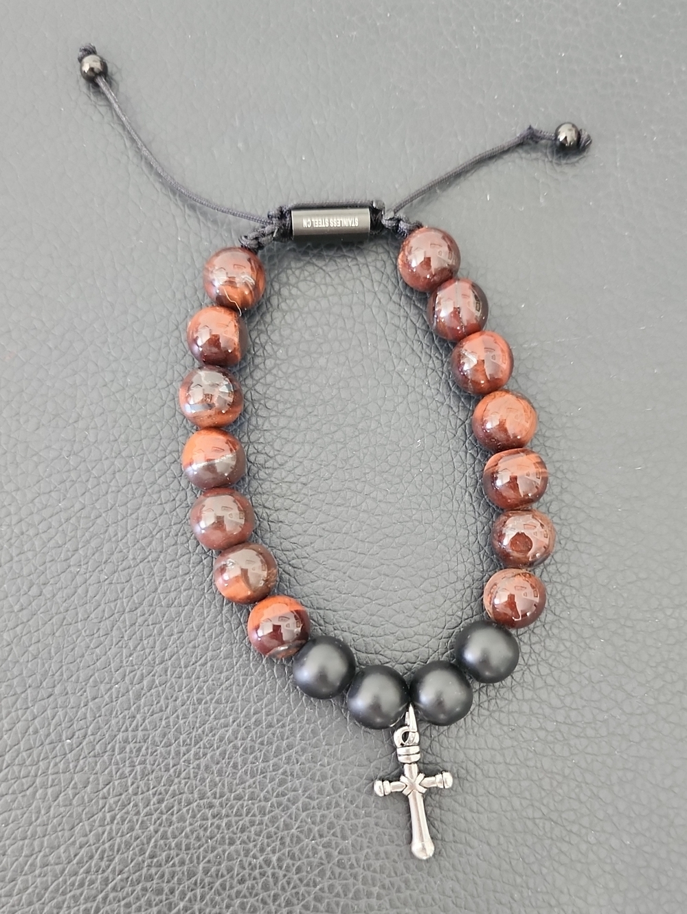 Beaded Adjustable Bracelet in Dark Brown and Black Tigereye